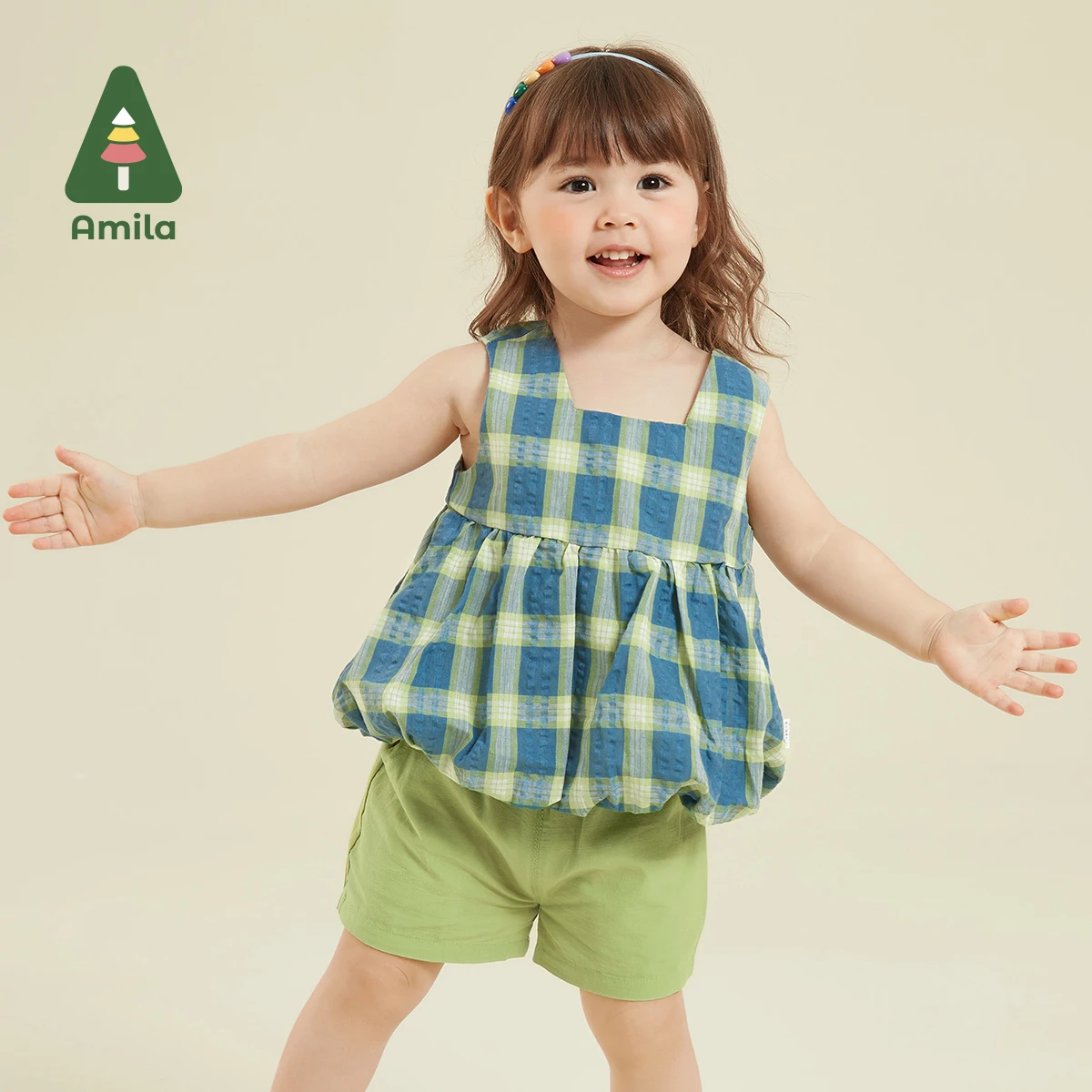 

Amila Baby Girl Set 2023 Summer New Cute Plaid Print Fashion Vintage Square Neck Vest + Shorts Suit Children's Clothes 0-6Y