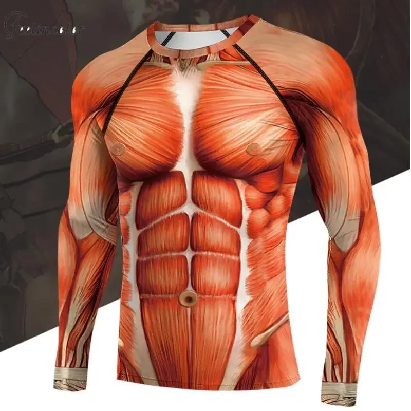 Muscles Men Compression T-Shirt 8-Pack Abs Halloween Party Tee Pull On Fitness Workout Tops Quick Dry Male Outdoor Sportwear