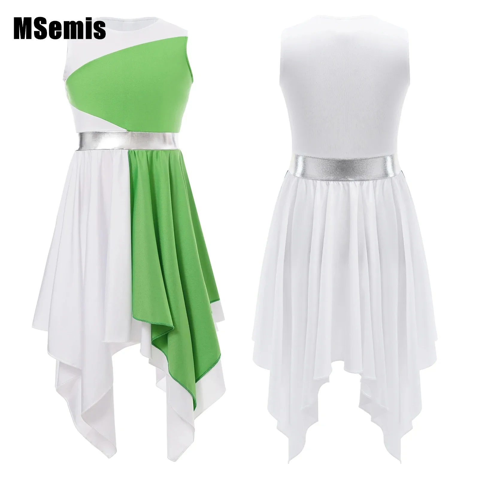 

Kid Girls Lyrical Dance Dress Asymmetrical Sleeveless Round Neckline Contrast Color Ballet Dance Prom Party Performance Costumes