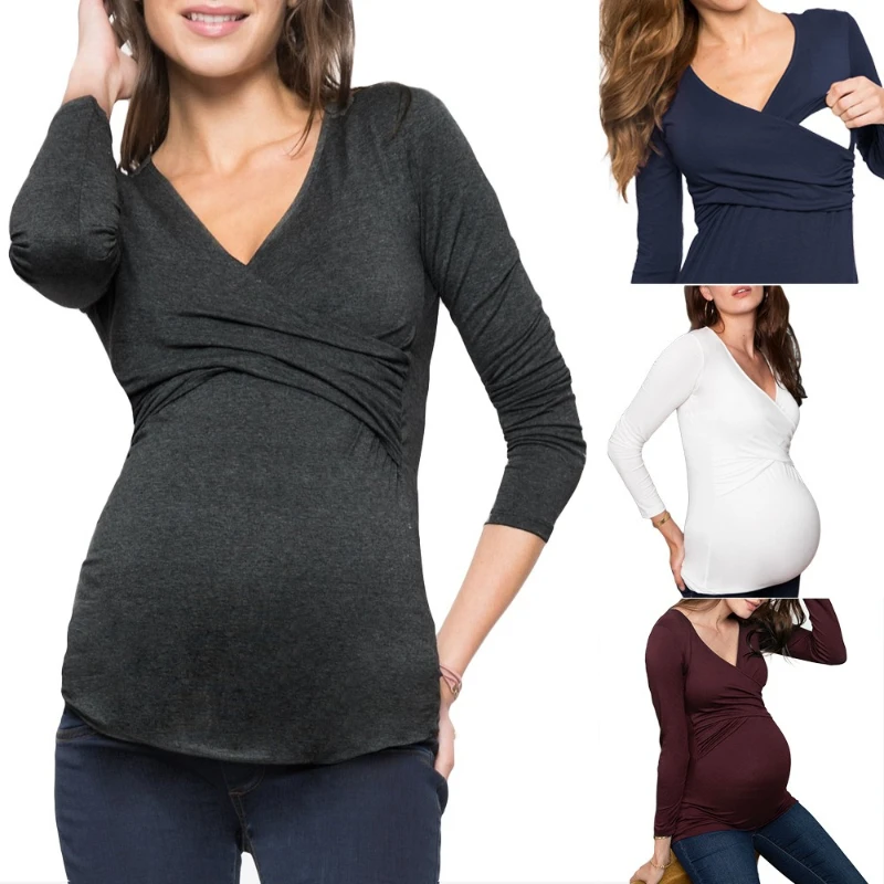 

Spring and Autumn Pregnant Women's Deep V-neck Long Sleeve Printed Cross Breastfeeding Care T-shirt