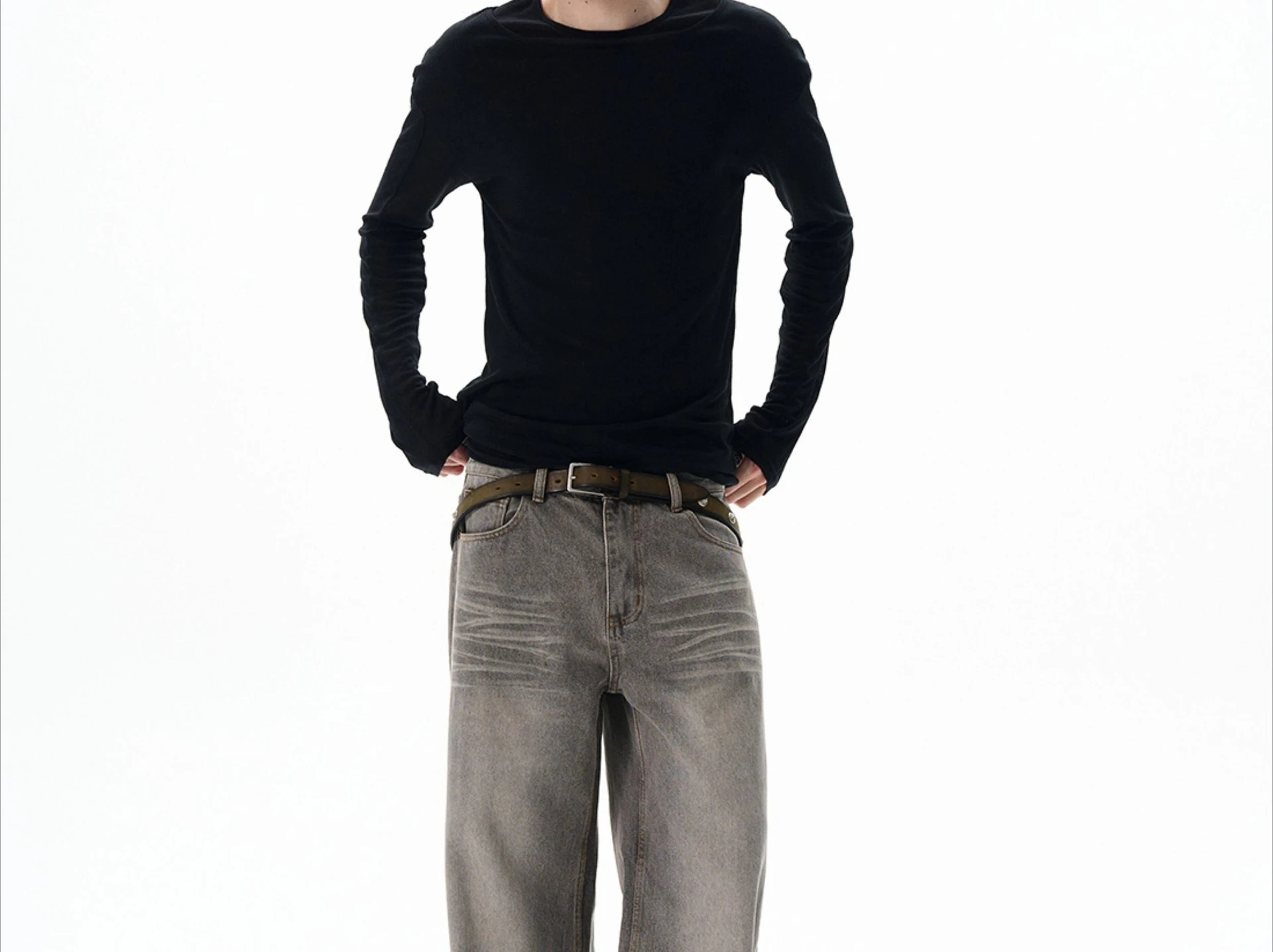 solid color double-layer collar round neck long-sleeved T-shirt fake two-piece European and American men's bottoming shirt top