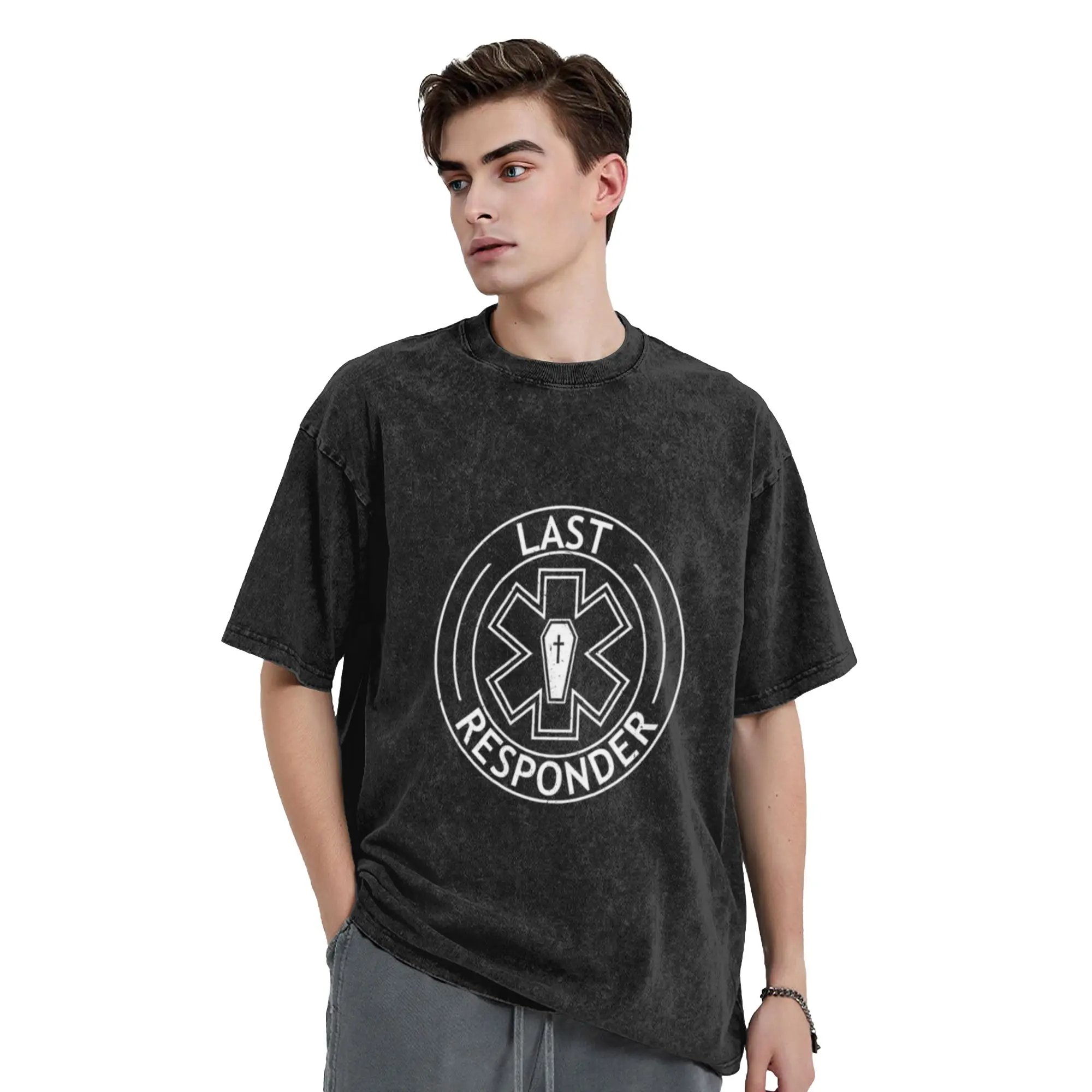 Last Responder - Grunge Crest Design Unique Chic A Washed T Shirt Men's Women's Oversized Cotton Tees Tops