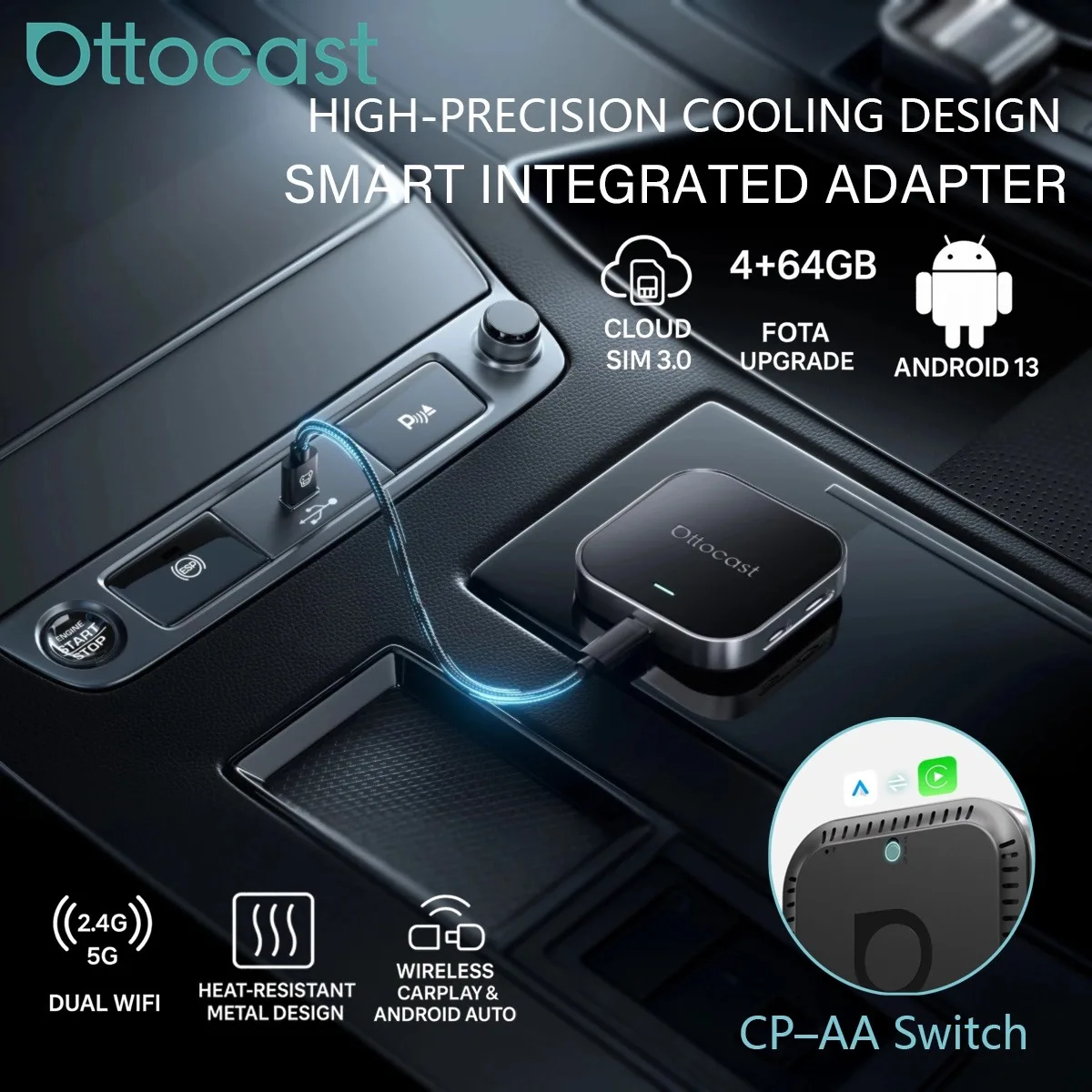 Ottocast  E2 AI Box Wireless CarPlay Android Auto Adapter Android 13 Plug & Play Cloud SIM 3.0 Smart for Car Multimedia Display