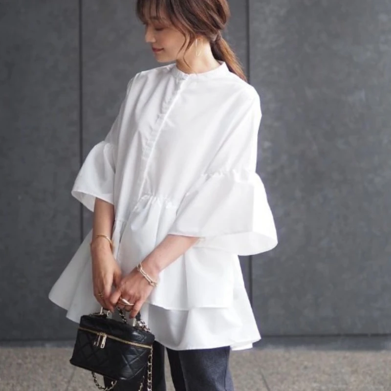 Japanese Flare Sleeve Tops Women Shirts & Blouses Solid Vintage Elegant Spring Summer Loose Blusas Mujer Fashion Black Camisas