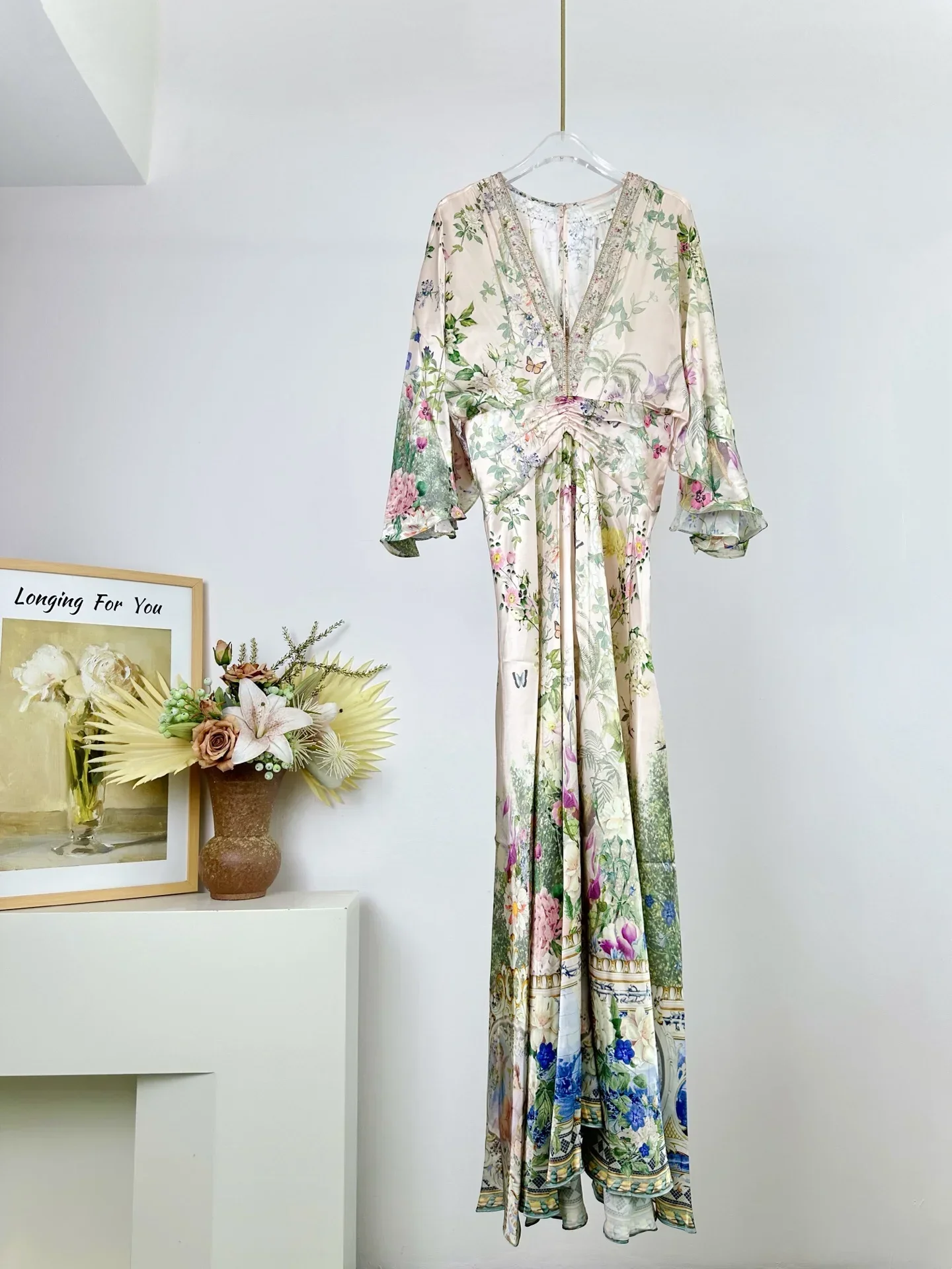 Robe Maxi en soie pour femmes, 100%, imprimé floral, perles de cristal, col en v, manches évasées, taille haute, élégante, nouvelle collection 2025