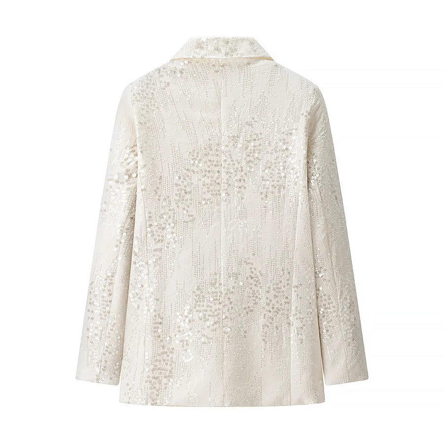 Lantejoulas brilhantes cor sólida calças retas conjunto de duas peças terno perspectiva calças roupa feminina lapela glitter solto casaco