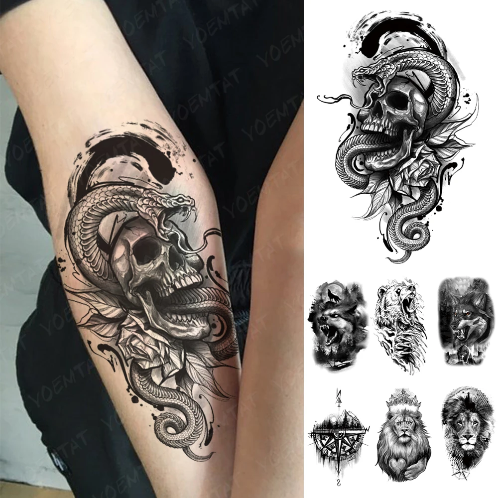 

Waterproof Temporary Tattoo Sticker Snake Skull Flower Wolf Forest Tattoos Realistic Arm Sexy Fake Tatoo Men Women Body Art