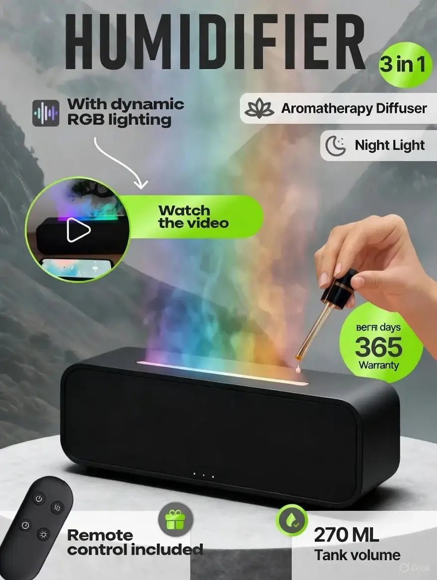 

Синхронизация музыки, аромадиффузор, RGB, ультразвуковой увлажнитель воздуха, 7-цветный пожарный свет, таймер с дистанционным управлением, эфирное масло для дома