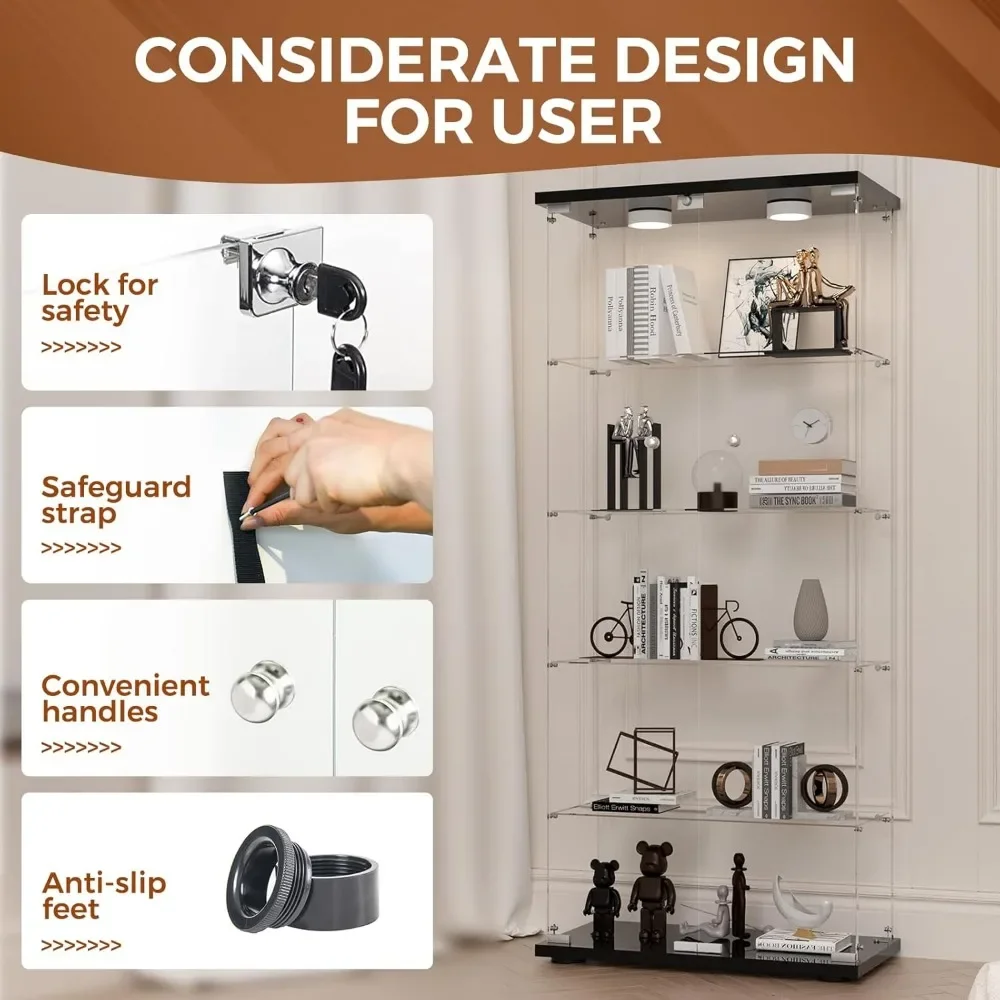 5-Shelf Glass Display Cabinet with Double Doors, Curio Display Case w/2 12-Color LED Lights & Remote, Tempered Glass Collection