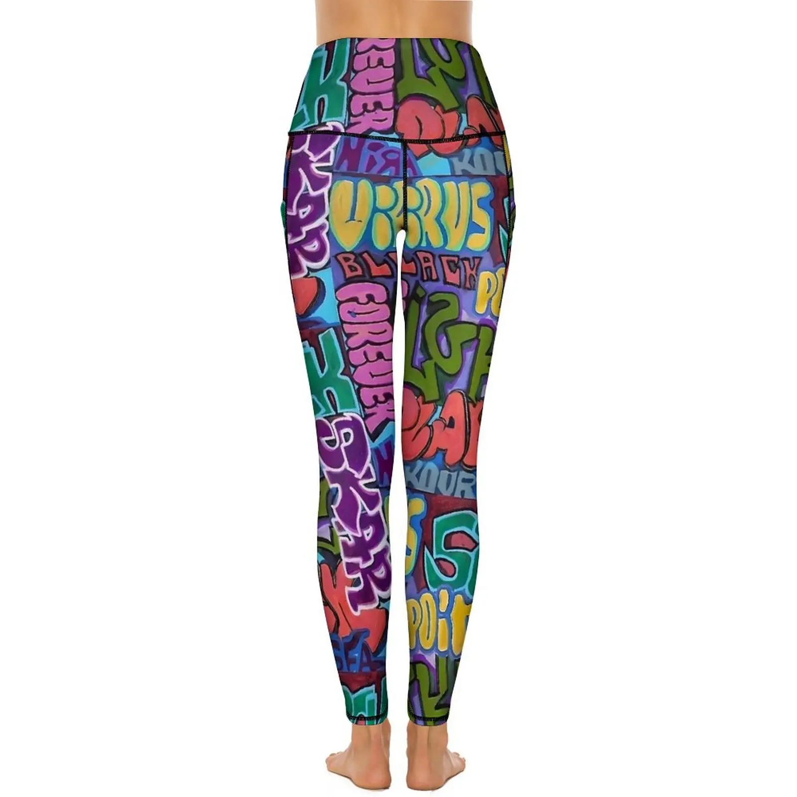 Legginsy Graffiti seksowny nadruk w litery bieganie spodnie do jogi Push Up rozciągliwe rajstopy sportowe z kieszeniami Kawaii graficzne legginsy