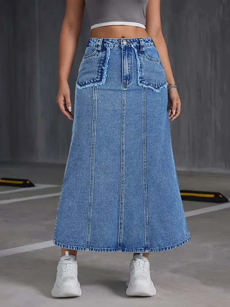 Women's Mid-Length Skirt New Style Stretch Denim Fabric with Pockets Joint Bones Feature view 6