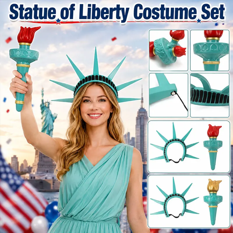 Halloween Statue of Liberty Cosplay Accessory Set Crown Headband Torch Prop for Party Fancy Dress Costume Headwear Supply