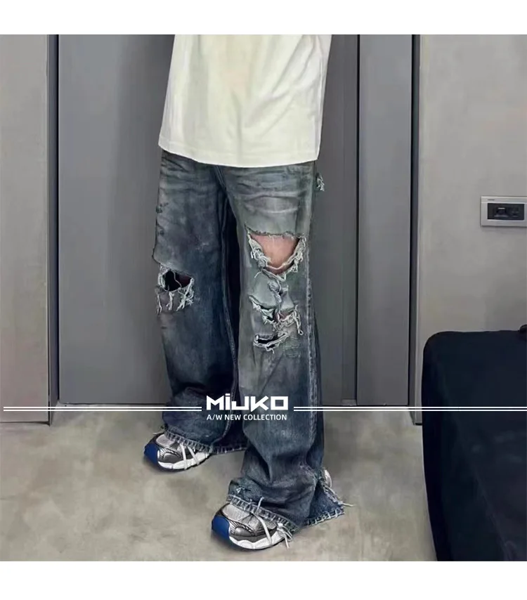 خمر ممزق الجينز الرجال النساء نفس النمط المتعثرة الدنيم السراويل غسلها الملمس القديم #6