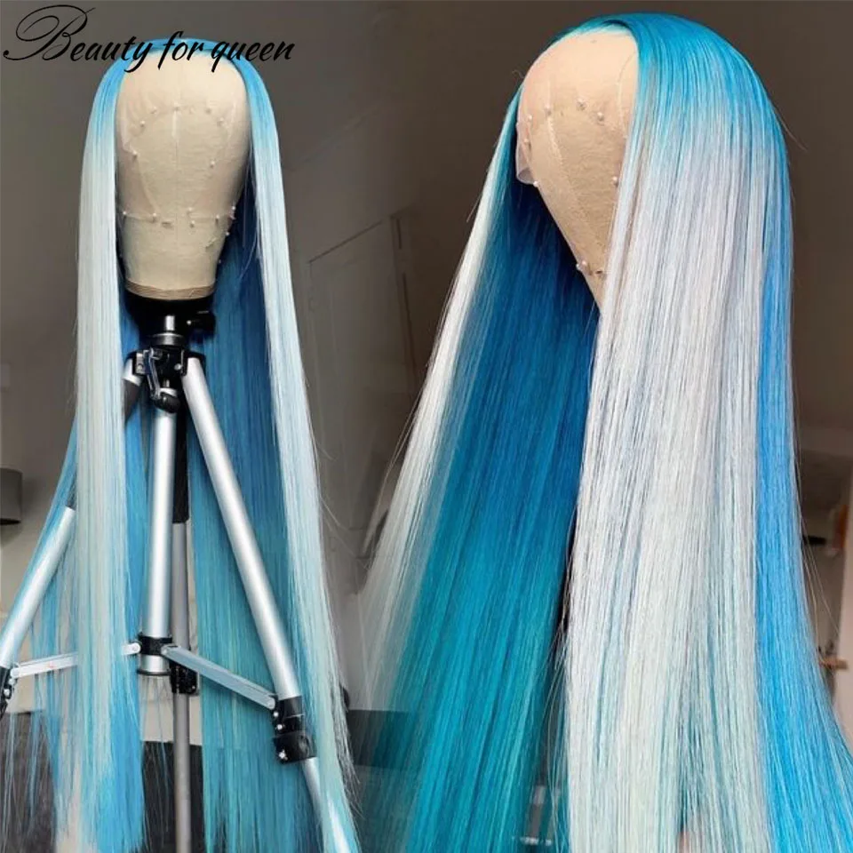 Beauty Ombre Straight Lace Front Human Hair Wigs For Women Blue 150Density Brazilian  Pre Plucked Transparent Lace Frontal Wigs