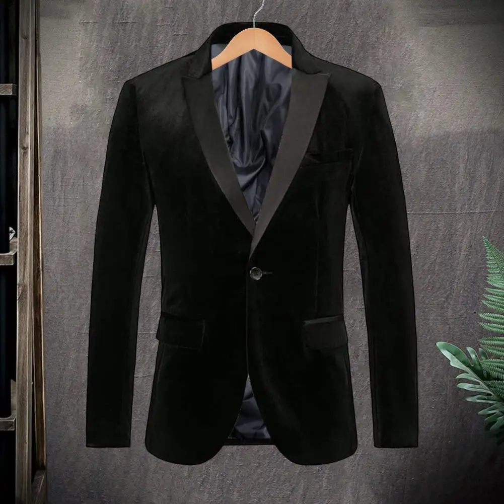 แจ็คเก็ตอาหารค่ําอย่างเป็นทางการ เสื้อสูทกํามะหยี่สีทองหรูหราพร้อมปกปุ่มเดียว เสื้อแจ็คเก็ตแขนยาวสําหรับธุรกิจสวมใส่อย่างเป็นทางการ