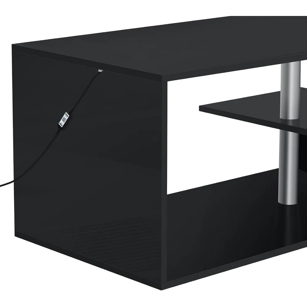 Mesa de centro S-Shaped com luzes LED, 3 Tiers Open Storage Shelf, High Gloss Center Sofa Tea Table, 18 "Alto, Sala