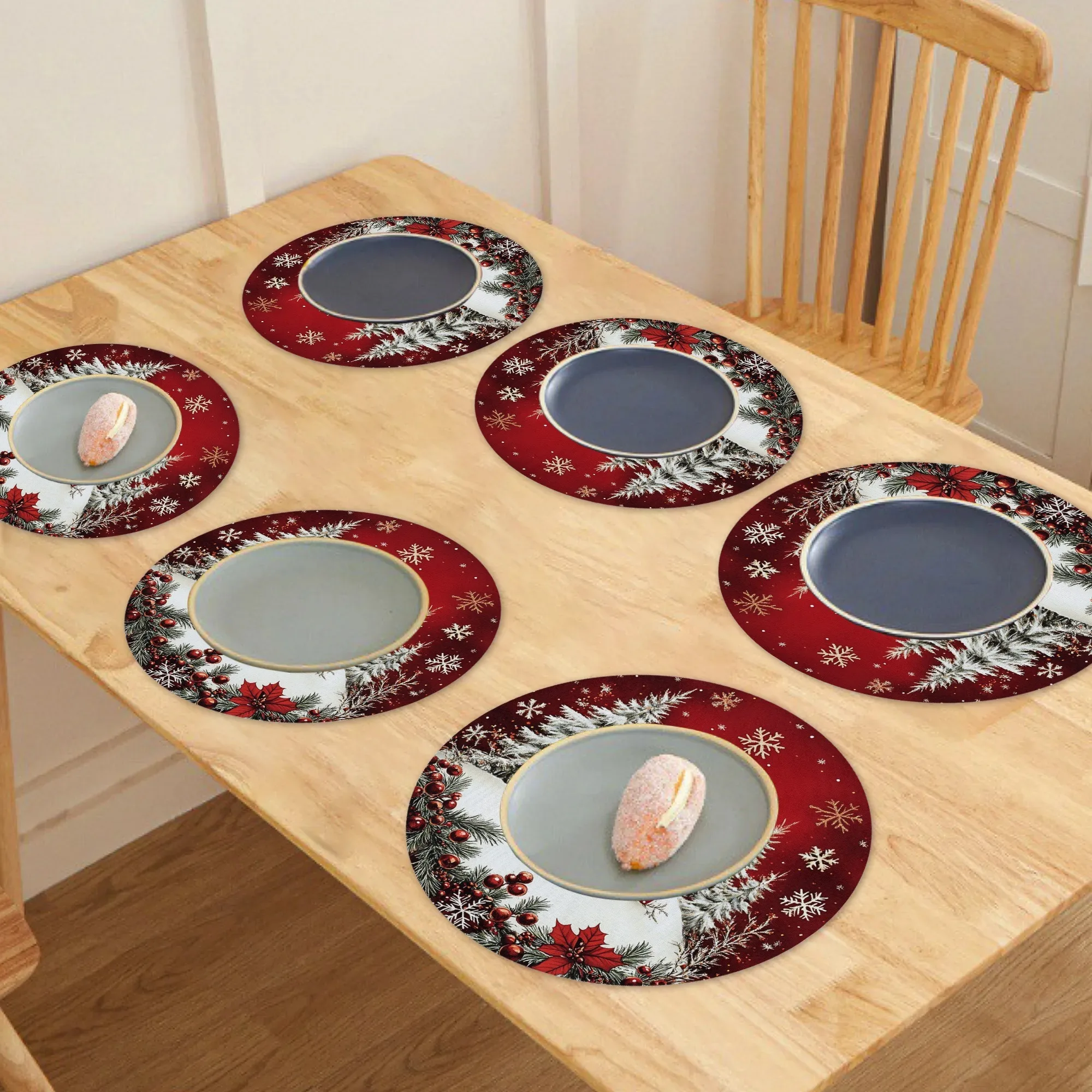 2/4pcs Winter Placemat -38cm Round, Christmas Snowflake Pattern, Anti Slip and Heat-resistant,for Christmas Decorative Placemats