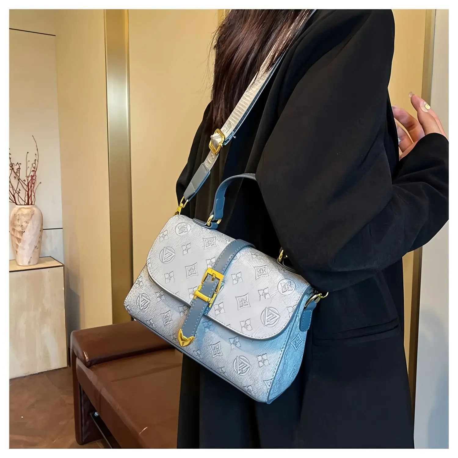 Light Blue Vintage Monogram Flap Shoulder Bag, Contrast Dark Blue Leather Trim & Buckle Closure, Mini Top Handle, Detachable Wide Printed Crossbody Strap Two-Way Carry Women's Messenger Purse.