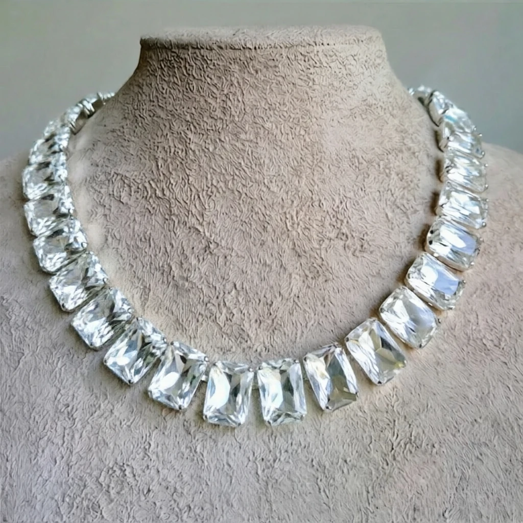 Women Luxury Paved Crystal Tennis Chain Necklace Vintage Trend 2026 Bling White Rectangle Glass Collar Adjustable Neck Jewelry