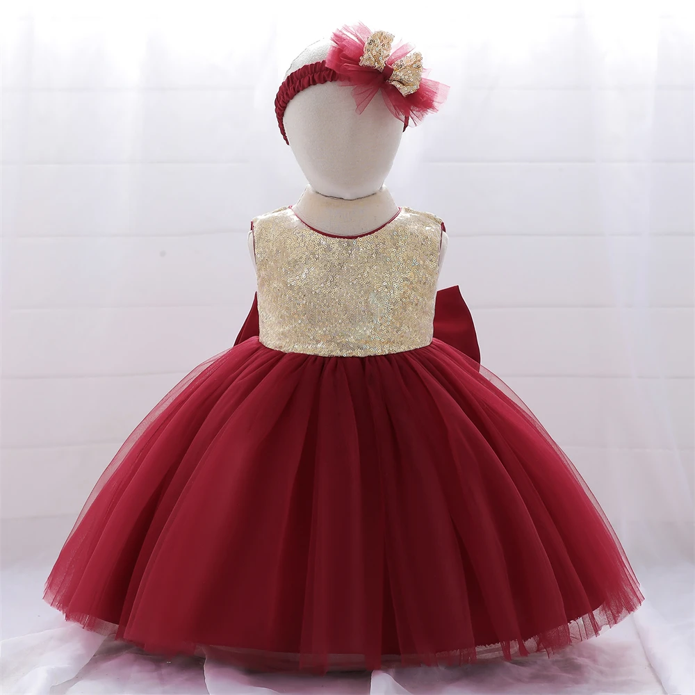 2024 Christmas Baby Dress For Girls Toddler Sequins Bow Wedding Party Dresses Tulle Princess 1st Birthday Wedding Kids Clothing