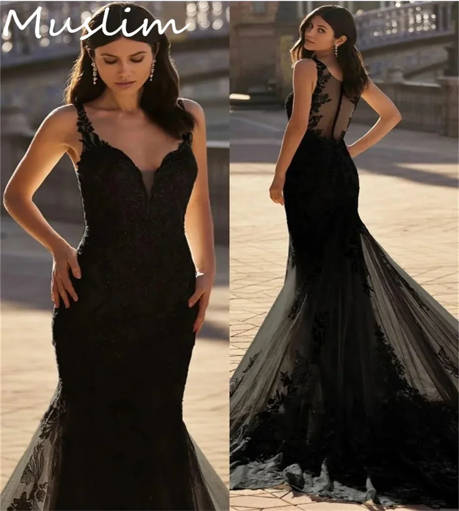 

Mermaid Black Wedding Dress 2025 Spaghetti Straps Backless Summer Beach Bridal Gown Appliques Lace Vestido Feminino Customized