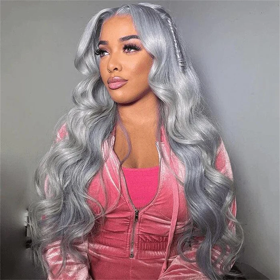 Pelucas de cabello humano con frente de encaje de Color gris plateado ondulado en venta peluca Frontal de encaje 13x6 HD cabello humano 100% pelucas de color vietnamita