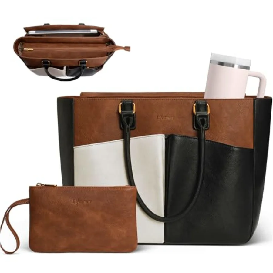 

Laptop Tote Bag for Women Leather Work Tote with Padded Laptop Compartment Cup Holder Office Computer Briefcase Structured Shap