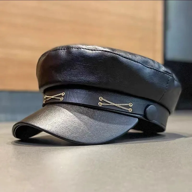 1pc Faux Leather Newsboy Cap Gold Chain Decor Flat Brim Military Style Baker Boy Hat Vintage Fashion Peaked Cap for Daily Outfit view 5