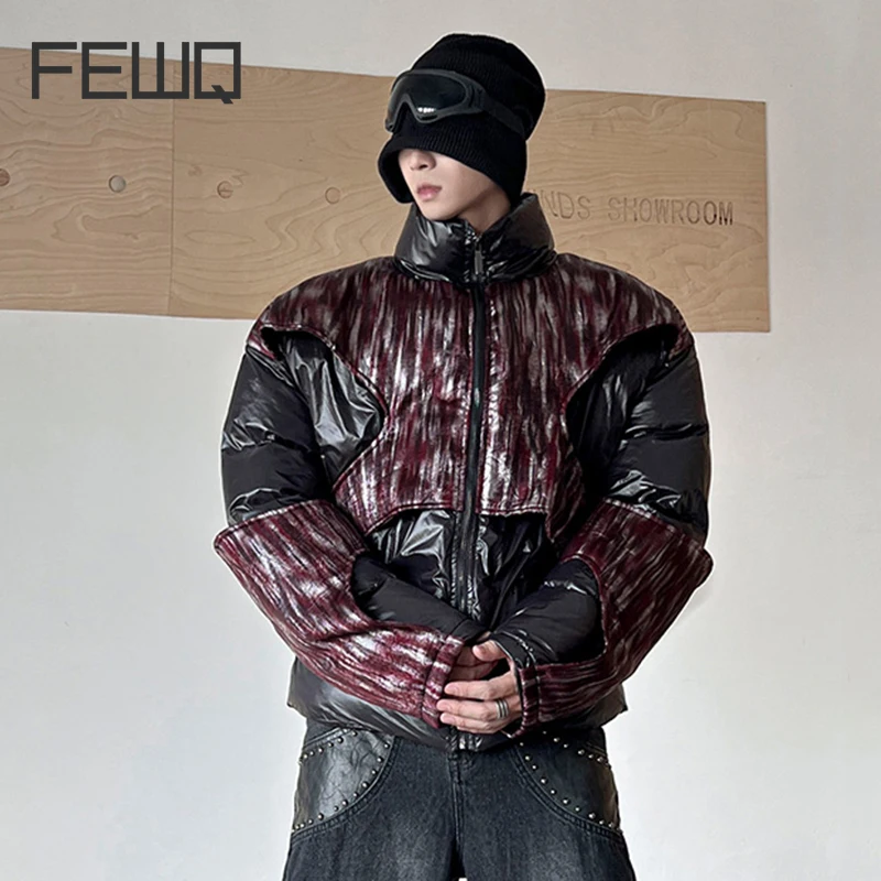 FEWQ Niche Design Men's Padded Jackets Stand Collar Staining PU Leather Patchwork Thick Loose Male Cotton Coats Winter 24E5812