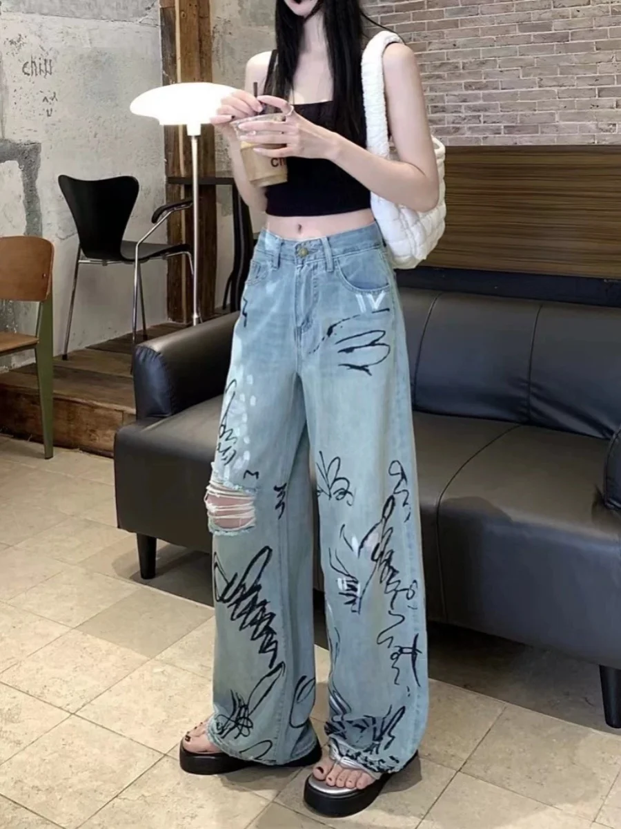 Jeans rasgado com estampa gráfica feminina, calça jeans vintage Harajuku, calça de vaqueiro Y2K, roupas japonesas desprezáveis, estilo anos 2000, 2024