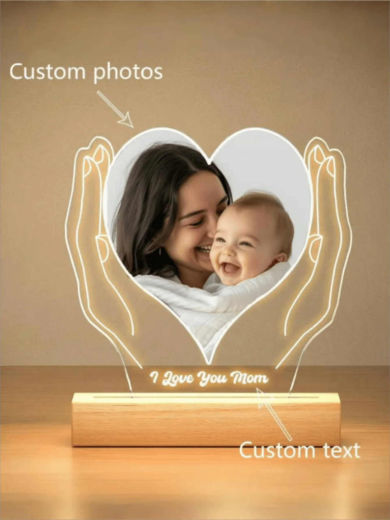 Luz nocturna LED con foto personalizada, placa de corazón acrílica, luz nocturna con marco de madera, imágenes de ultrasonido para bebés, recuerdos de futura madre