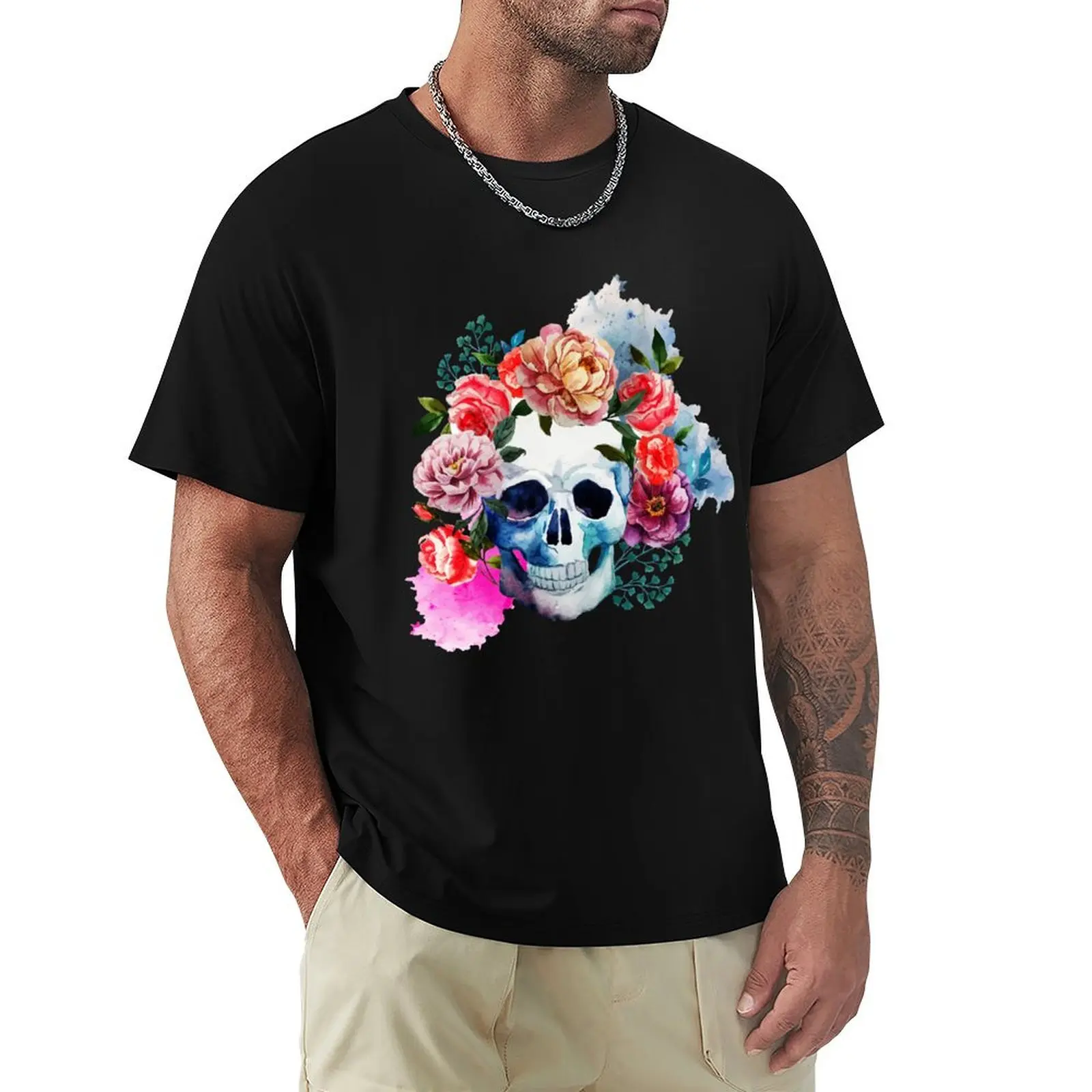 Flower Skull T-Shirt Soft Touch Basic Cotton T-Shirt