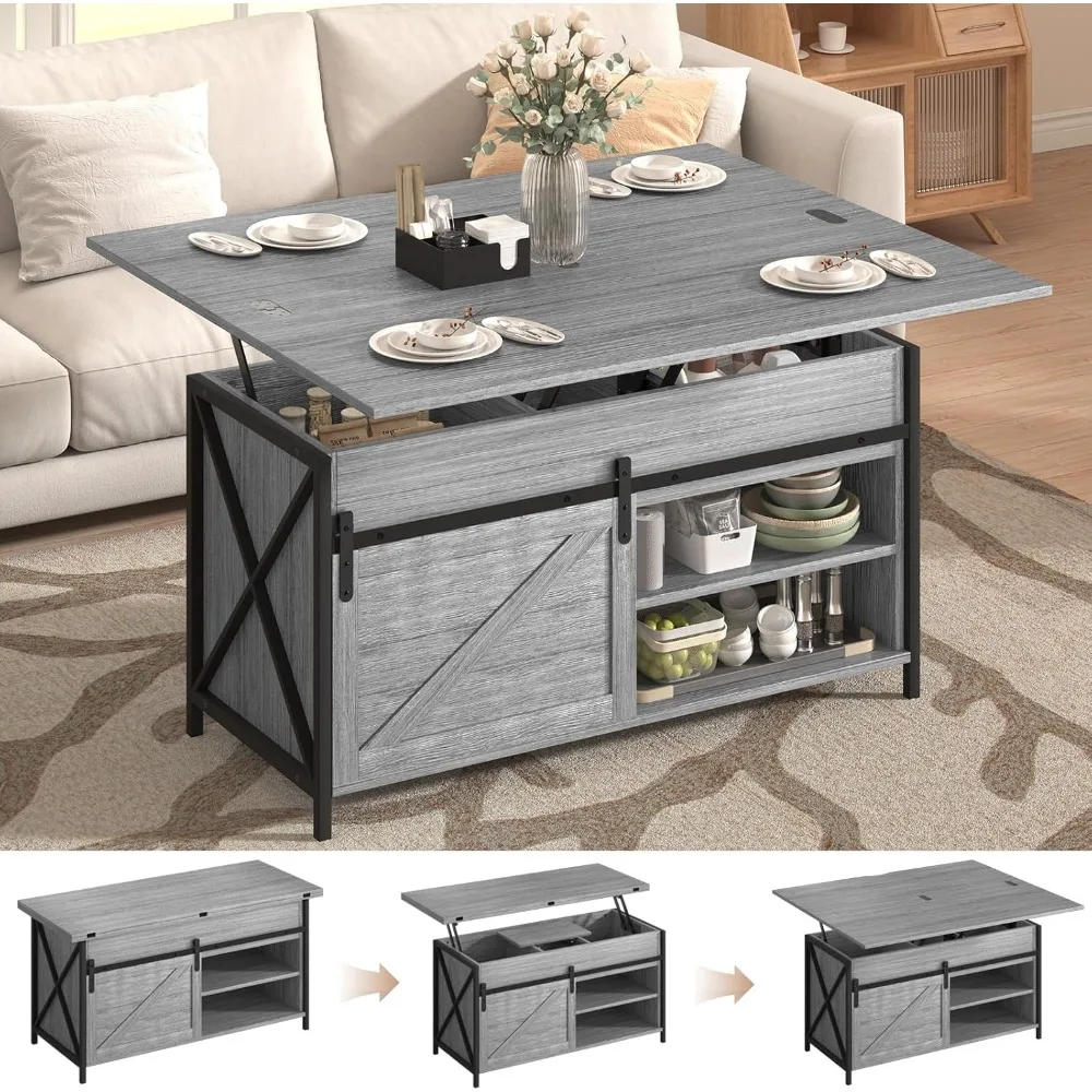 

Lift Top Coffee Table with Storage and Sliding Door, 4 in 1 Multi-Function Convertible Tea Table with Hidden Compartment, Farmho