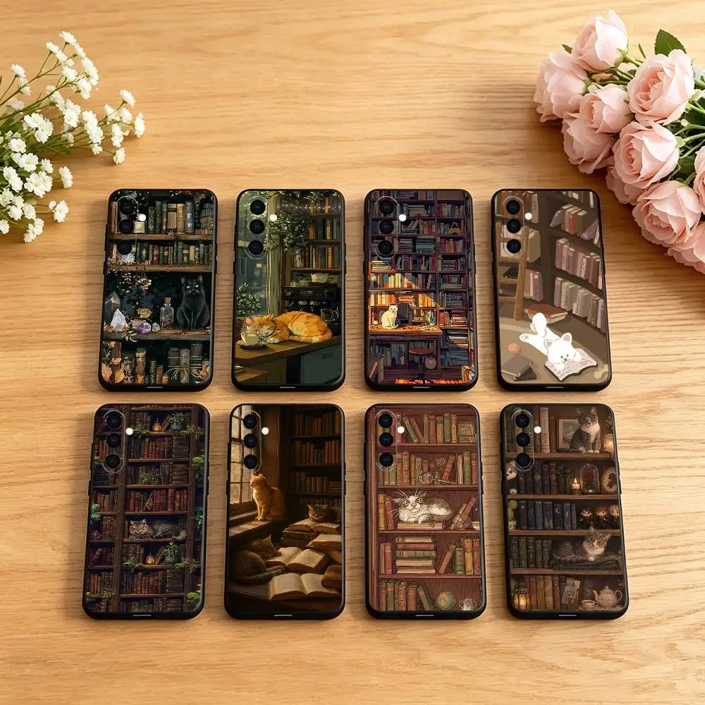 Dark Academia Library Cat Phone Case For Samsung Galaxy A73,A72,A71,A70,A53,A52,A51,Others Soft Black Cover