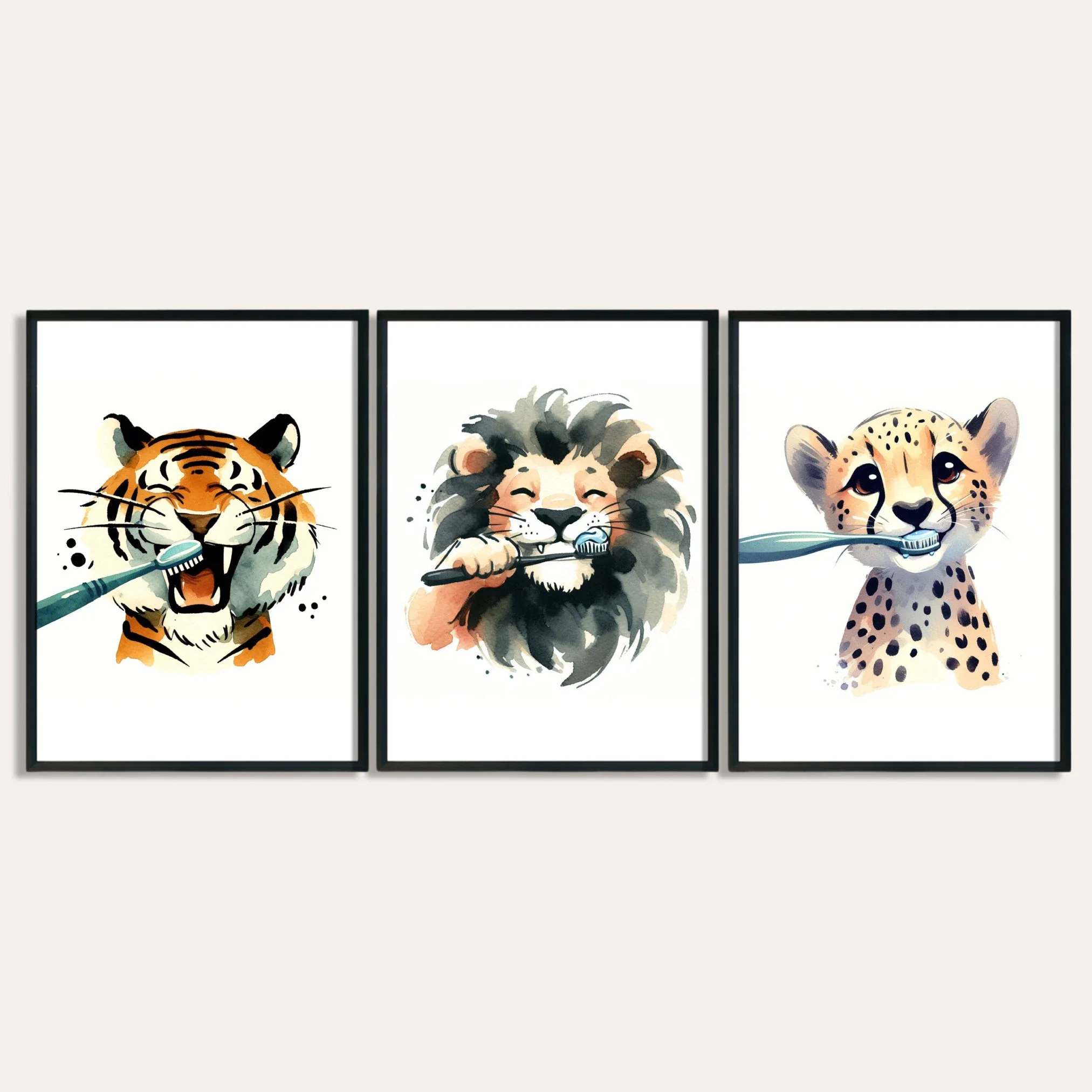 Multiple sizes 3pcs frameless Canvas Painting,3pcs Fun Animal Toothbrushing Posters Tiger, Lion, and Leopard Cleaning Their Teet