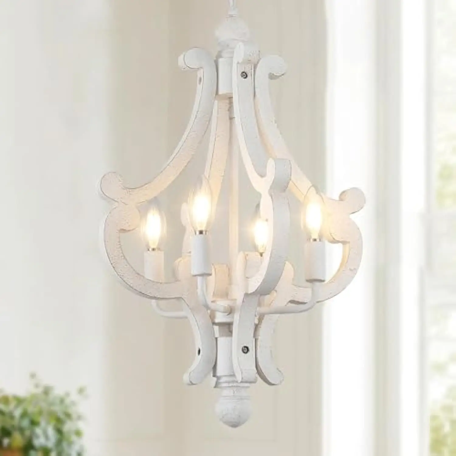

French Country Chandelier, Distressed White Light Fixture Rustic Hanging Pendant Light Dining Room Light Fixture 4 Lights, Wood