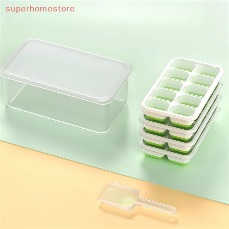 14-Cell Ice Tray With Ice Scoop Set Silicone Ice Cube Tray With Lid And Bin