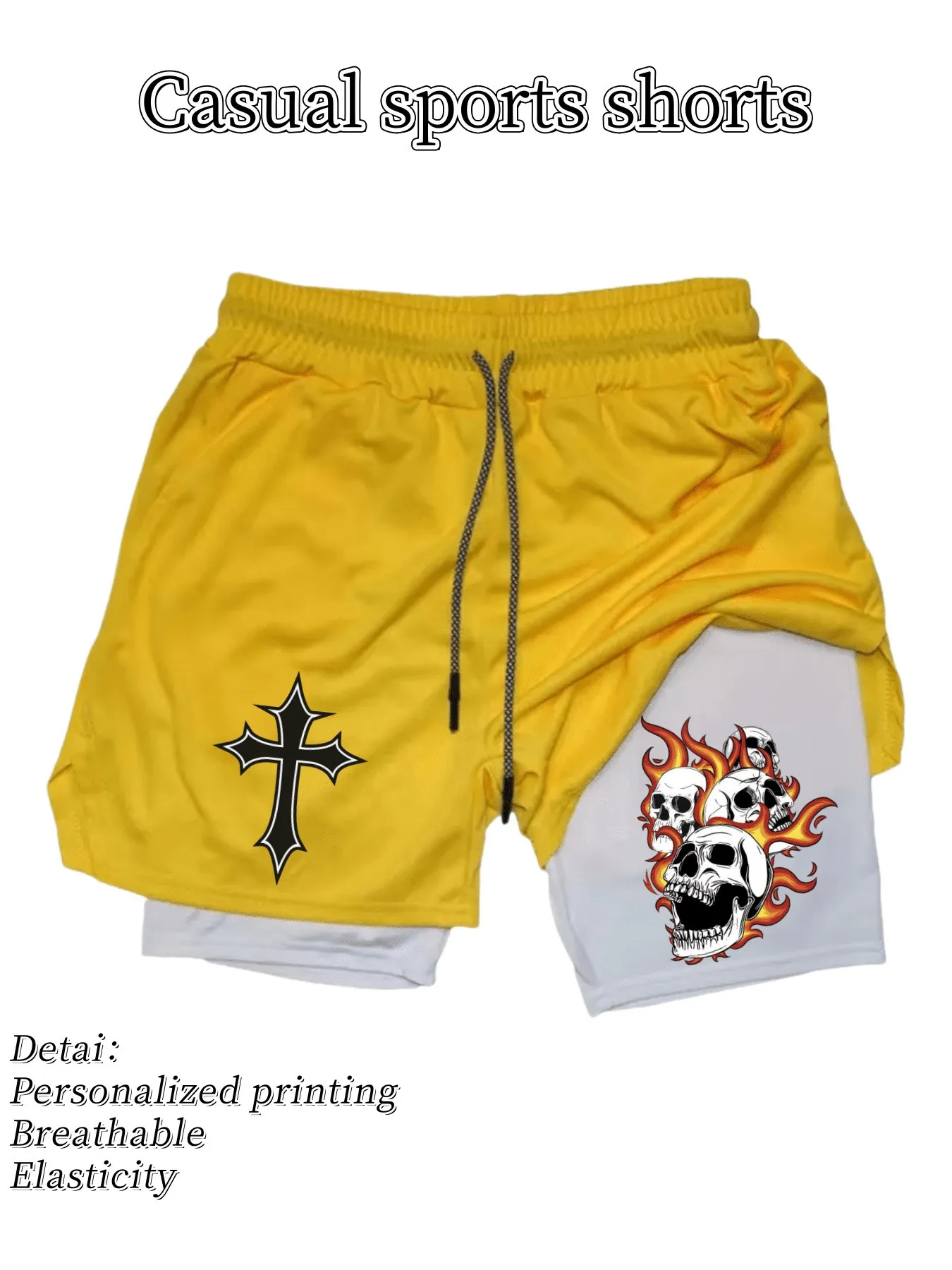 

Сетчатые шорты для бега 2-в-1 с принтом черепа для мужчин, шорты для фитнеса и мобильного телефона