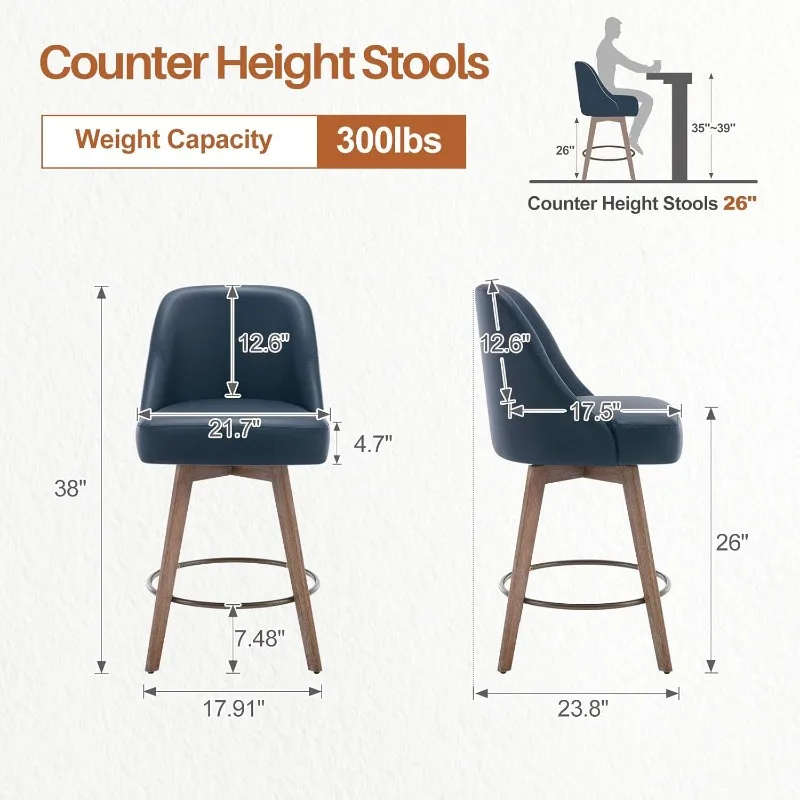 Counter Height Bar Stools, Mid-Century Swivel Bar Chairs with Backs and Beech Wood Legs, 26 Inch Seat Height, PU Leather