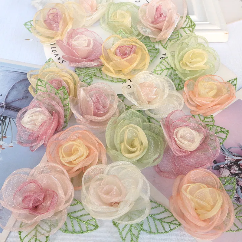 10Pcs 5.5CM Organza Chiffon Fabric Artificial Flower With Leaves Wedding Dress Decoration Home Accessories DIY Fake Flowers