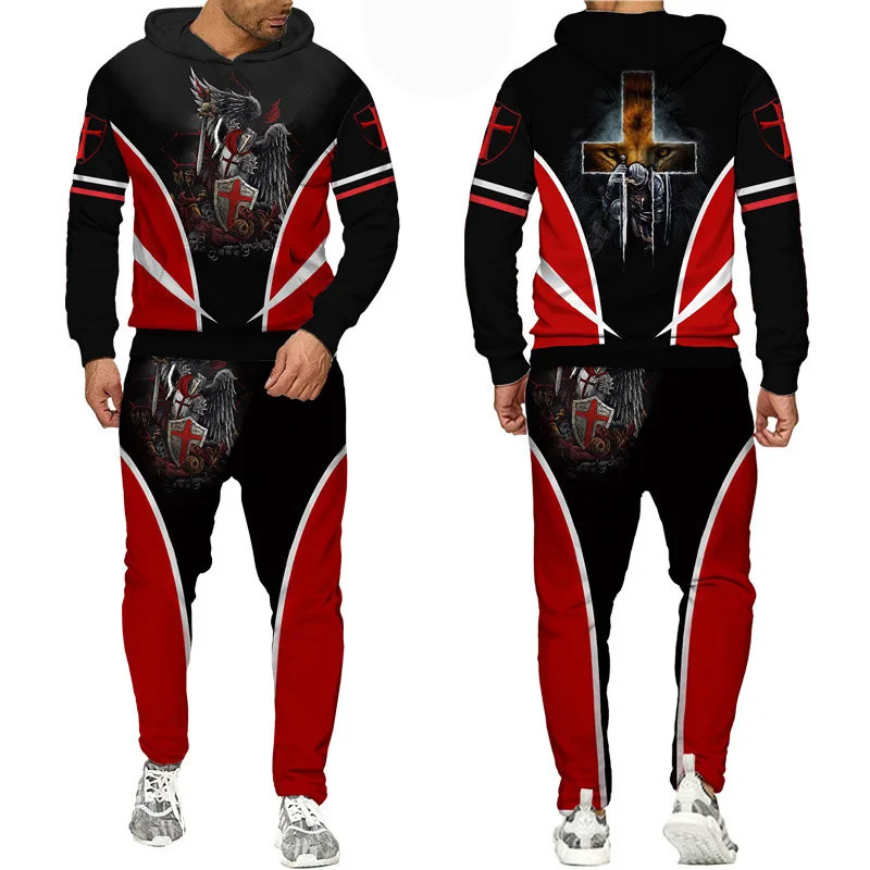 2024 Hot Sale Heraldic Lion Tattoo Templar Knight Armor Two Piece Set 3D printed Fashion Hoodie Pants Outfit Men's Clothing Suit