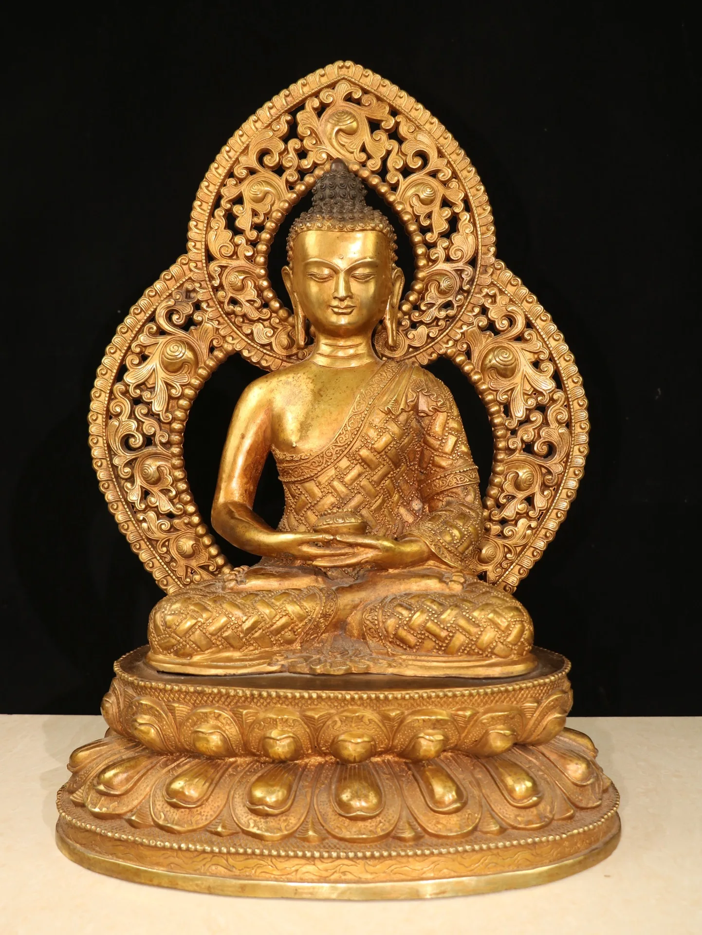 

20"Tibetan Temple Collection Old Bronze Gilded Cinnabar Sakyamuni Lotus Sitting Buddha Backlight Buddhist Niche Worship Hall