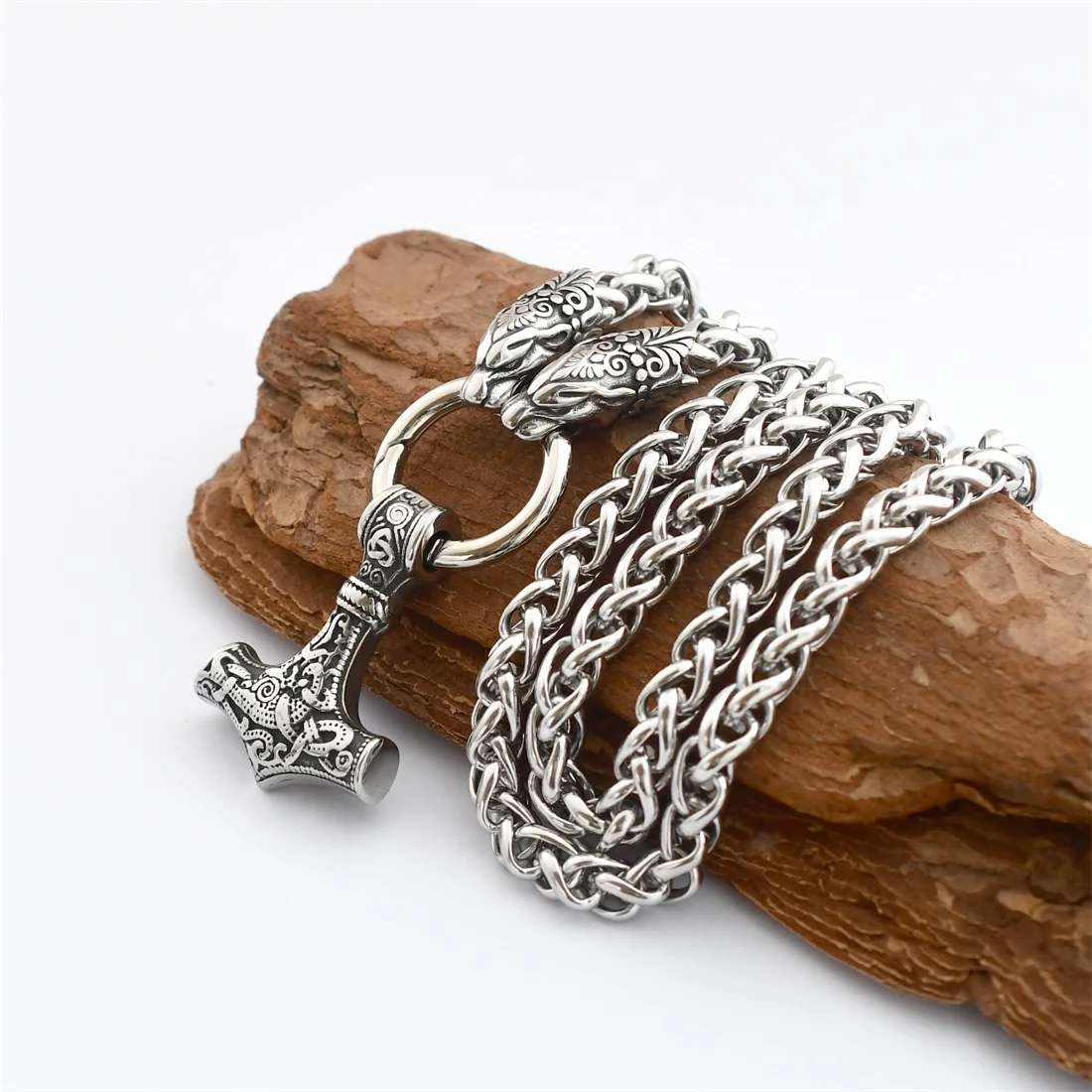 Stainless Steel Leopard Head Keel Chain Necklace Viking Odin Thor's Hammer Pendant Necklace Men's Viking Jewelry