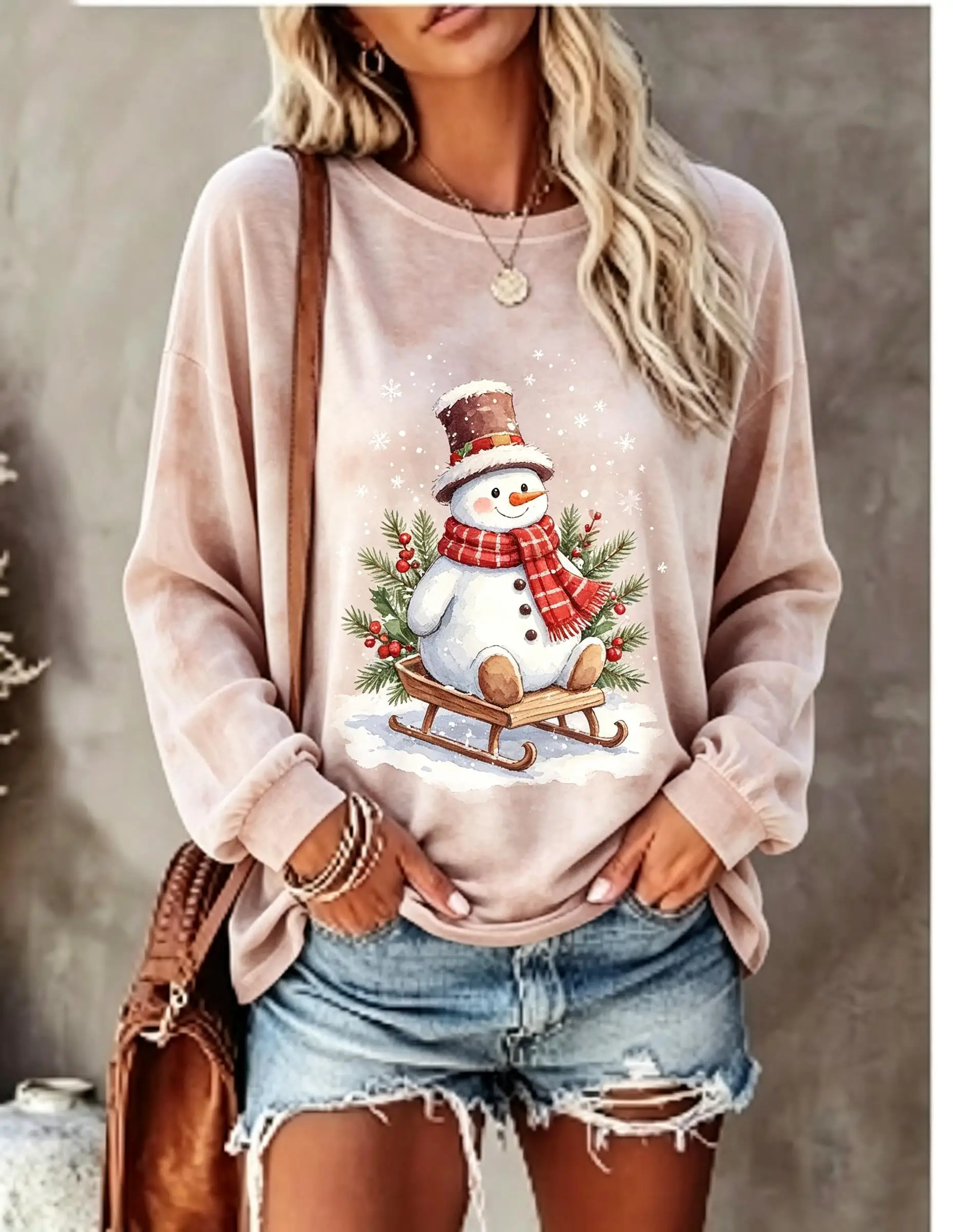 Women Long Sleeve T Shirt Santa Claus Sleigh Reindeer Snow Christmas Print Crew Neck Casual Fall Tops image 3