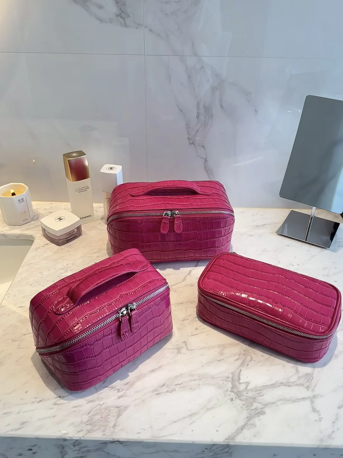 Crocodile Pattern Cowhide Cosmetic Bag Rose Red Light Luxury Genuine Leather Women Travel Portable Toiletry Storageanity Case