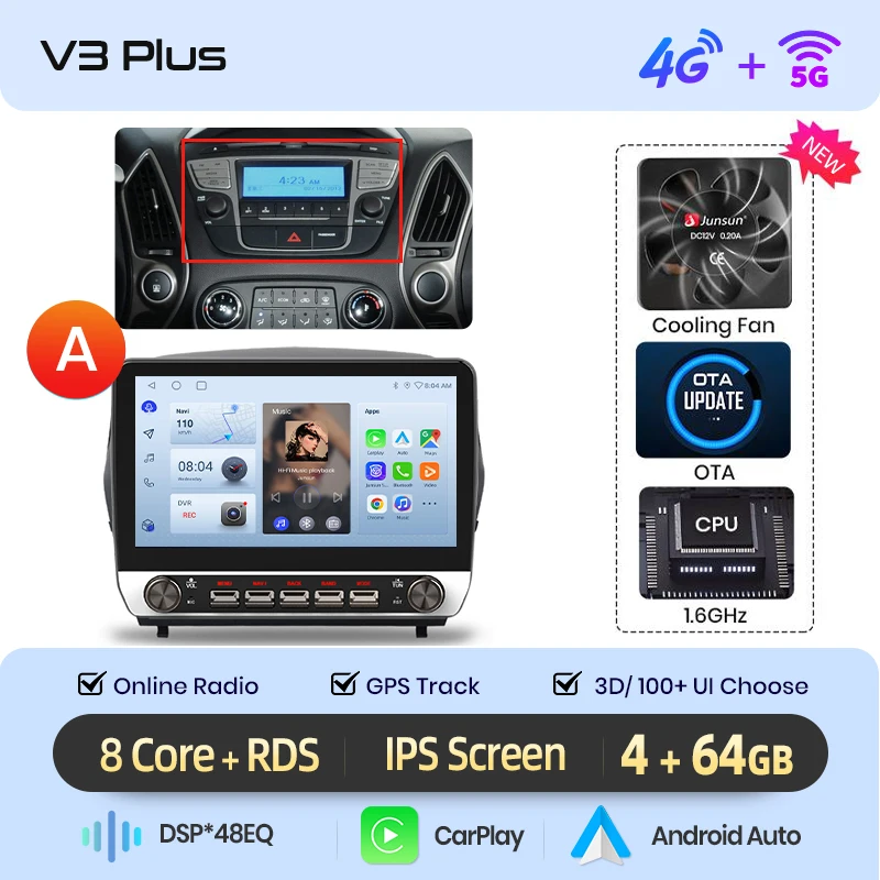 Junsun 10.1 "Knoppen Draadloze Carplay Android Auto Radio voor Hyundai Tucson 2 ix35 2009 2010-2015 Bluetooth GPS Navi 4G DSP