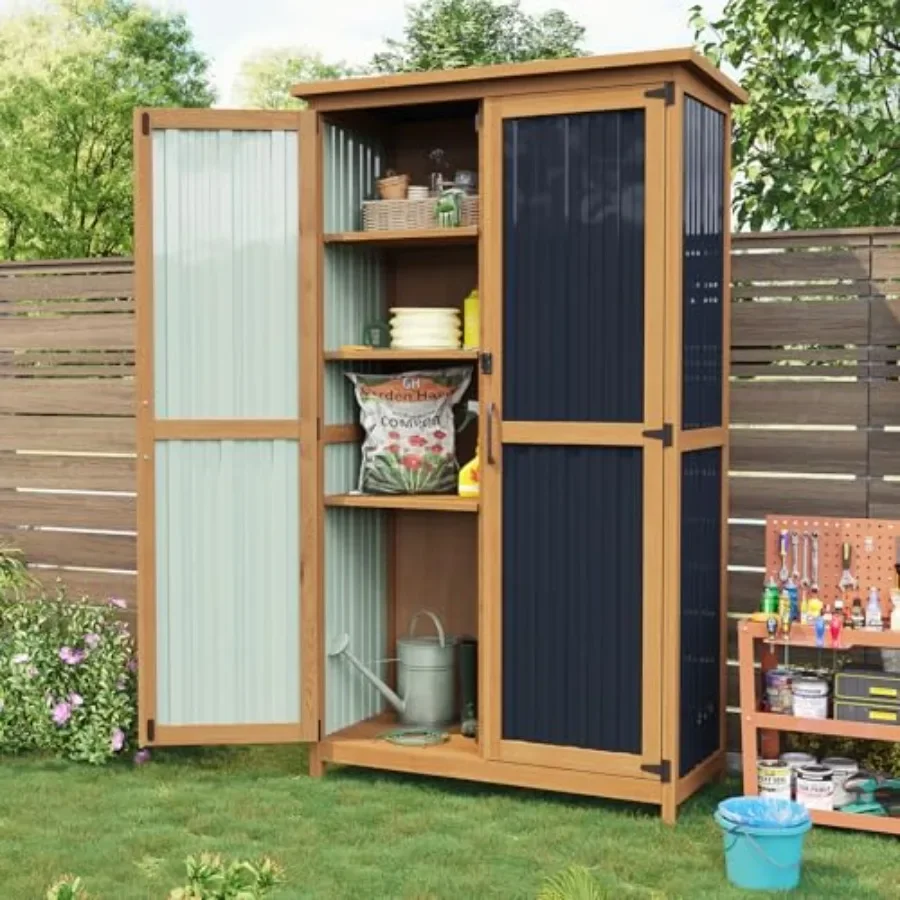 Outdoor Storage Cabinet Shed Wood Garden Vertical Cabinet: Weather-Resistant Pine, Natural Brown, Lockable Doors Ventilated Des