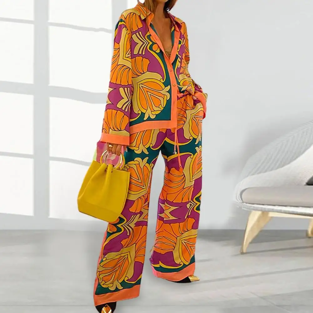 Ethnic Shirt Pants Suit Women Suit Vibrant Ethnic Style Ladies Shirt Pants Suit Wide Leg Exaggerated Pockets High Elastic Waist