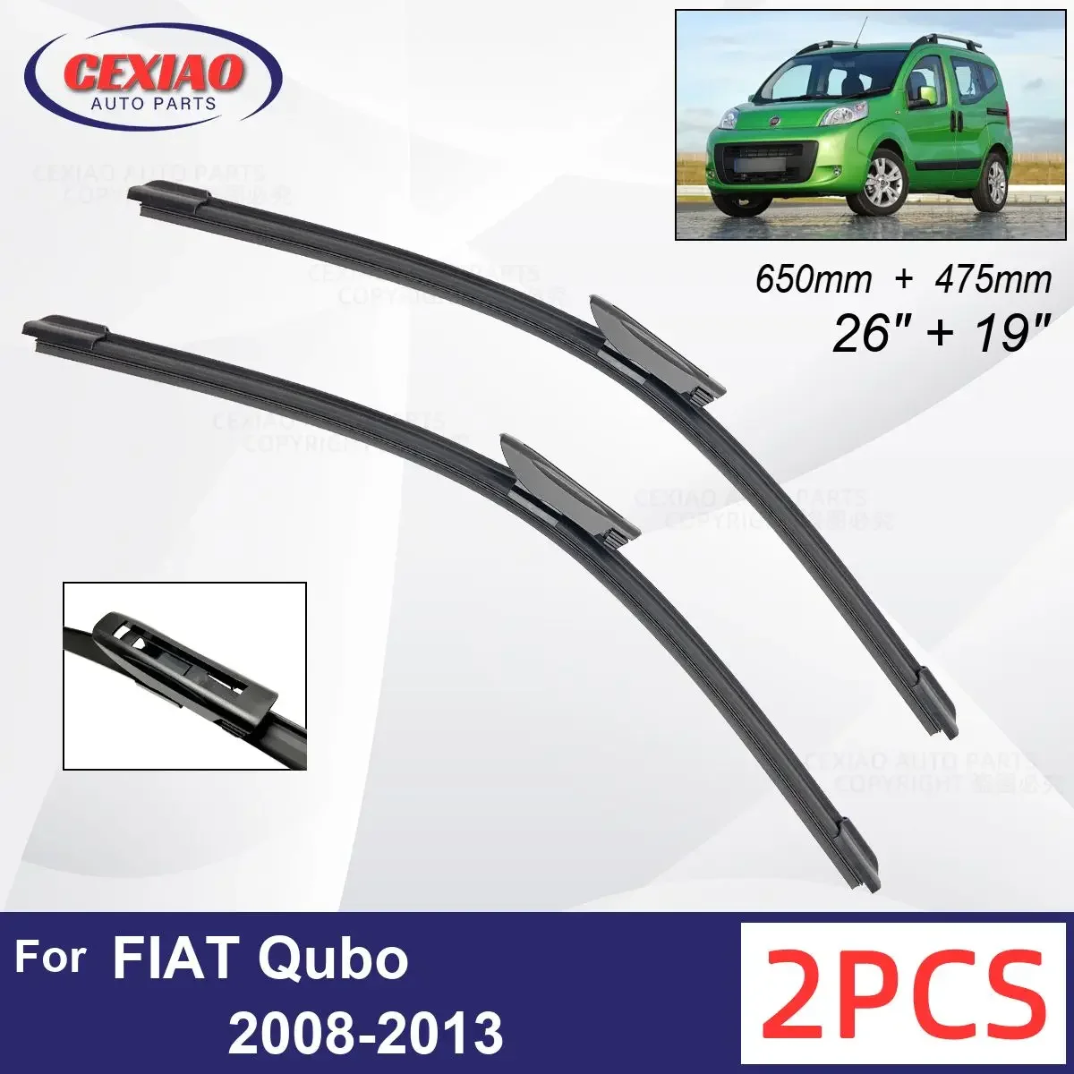 

Car Wiper For FIAT Qubo 2008-2013 Front Wiper Blades Soft Rubber Windscreen Wipers Auto Windshield 26" 19" 650mm 475mm