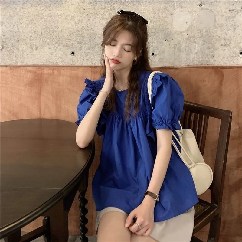 

Blouses Women Solid Folds Puff Sleeve Slim Kawaii Sweet Gentle Simple Basic Korean Style Блузки Mujer College Summer Ins Chic